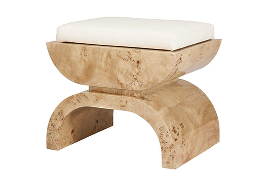 Biggs Stool in Burl Wood & White Linen