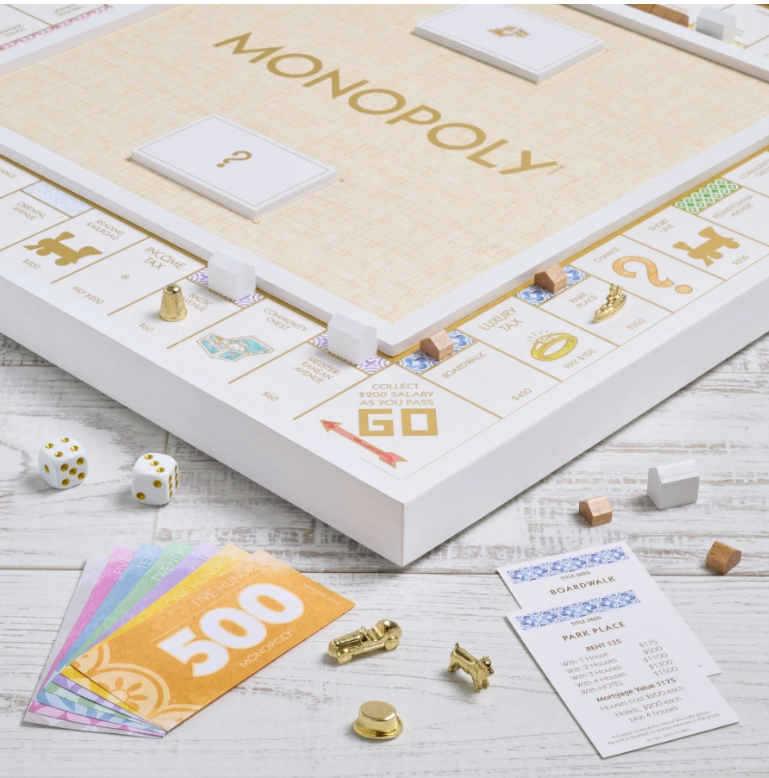 Bianco Game Set – White & Gold Scrabble + Monopoly | Elegant Board Game Duo Doubling as Decor