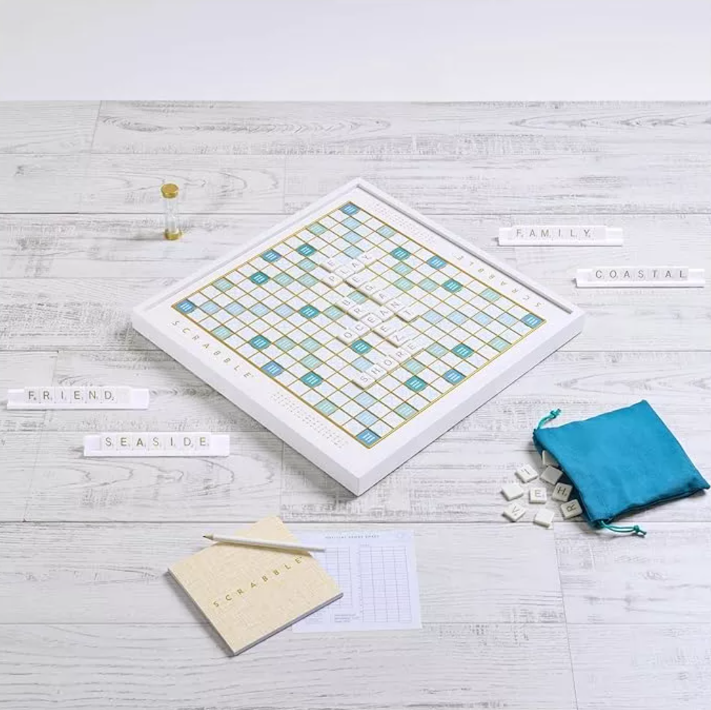 Scrabble Bianco Luxe Game Set | White & Gold Modern Display Scrabble