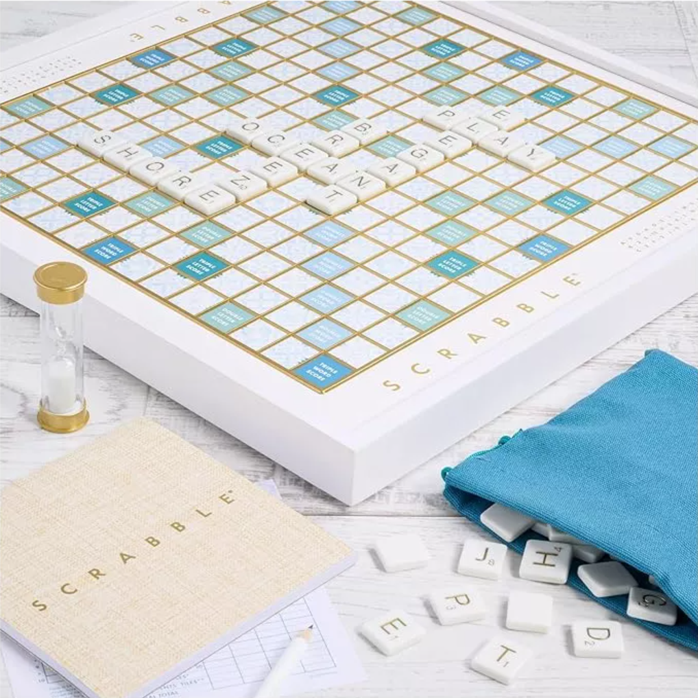 Scrabble Bianco Luxe Game Set | White & Gold Modern Display Scrabble