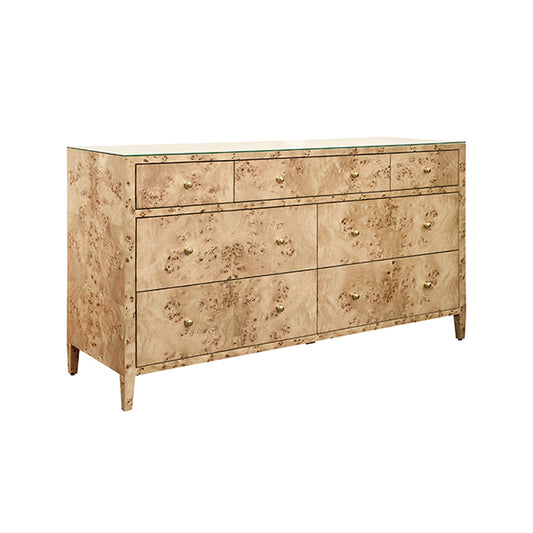 Carnegie Seven-Drawer Chest in Burl Wood & Brass