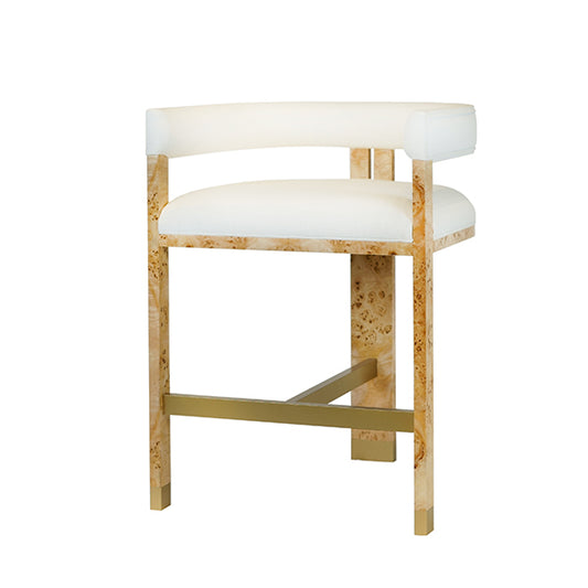 Cruise Counter Stool in Burl Wood & White Linen