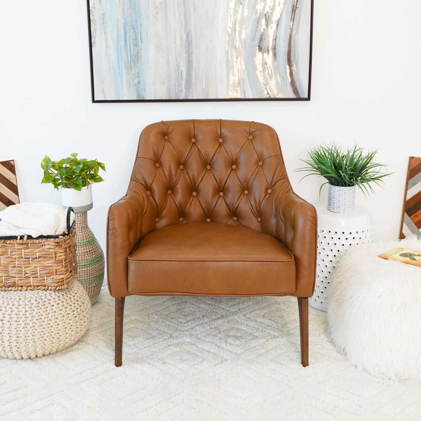 Joshua Tufted Leather Lounge Chair | Mid-century Modern Accent Chair, Diamond Tufting & Walnut Legs
