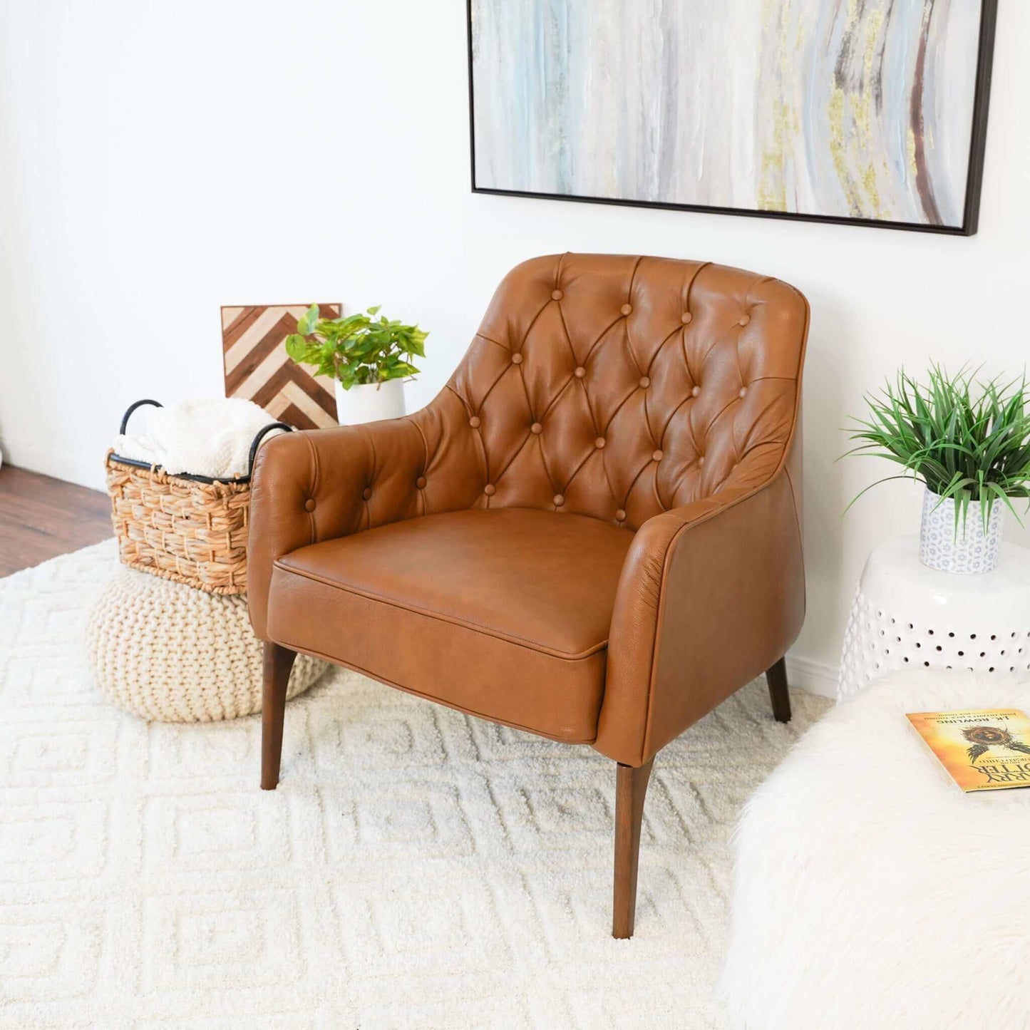 Joshua Tufted Leather Lounge Chair | Mid-century Modern Accent Chair, Diamond Tufting & Walnut Legs
