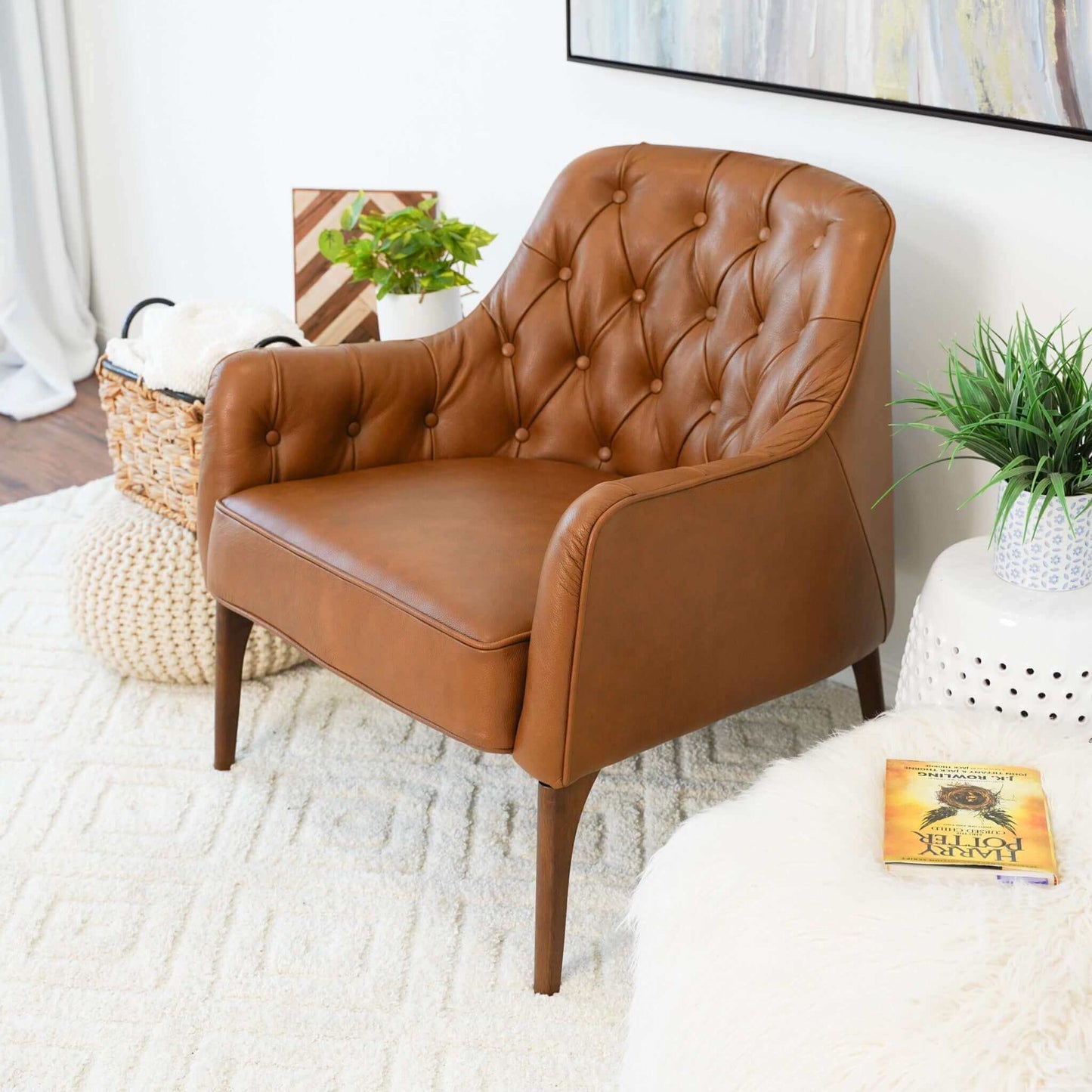 Joshua Tufted Leather Lounge Chair | Mid-century Modern Accent Chair, Diamond Tufting & Walnut Legs