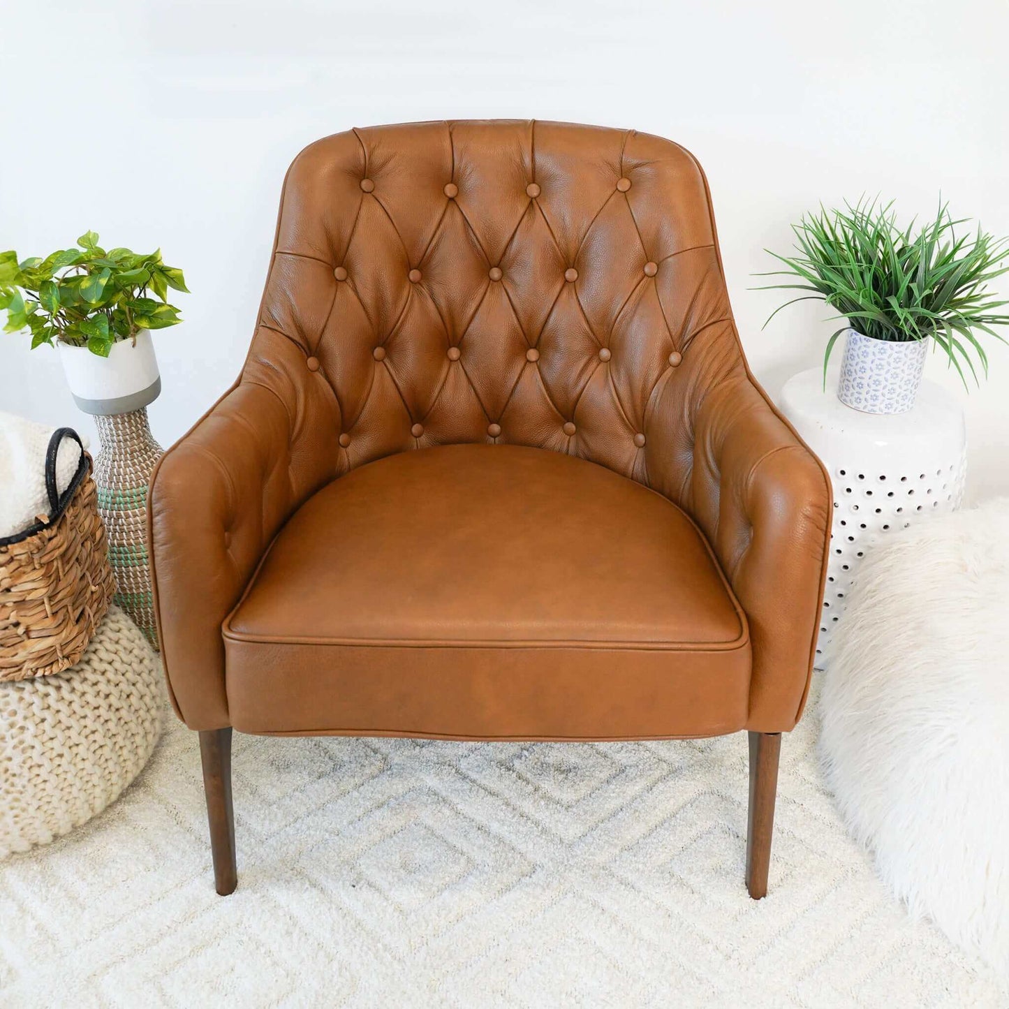 Joshua Tufted Leather Lounge Chair | Mid-century Modern Accent Chair, Diamond Tufting & Walnut Legs