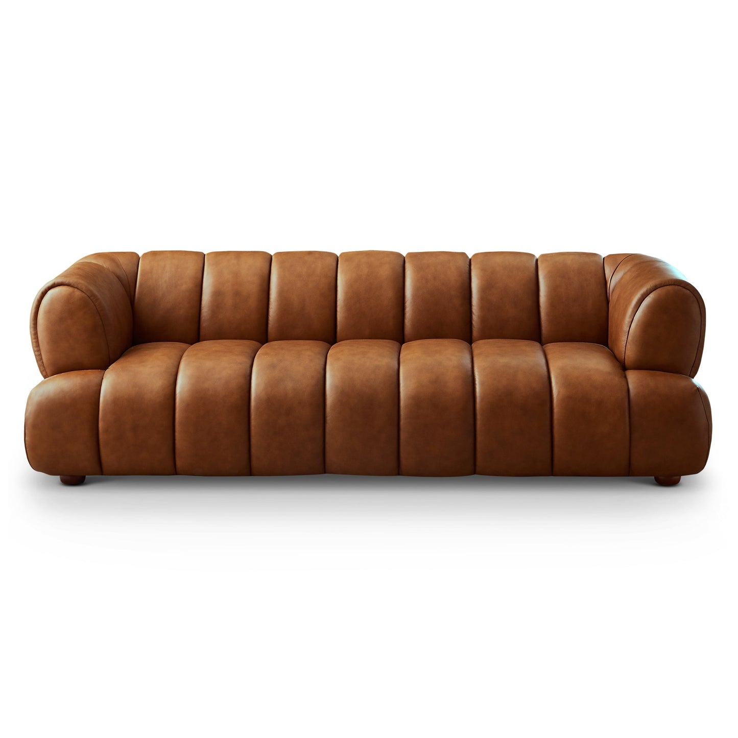 Jasmin Sofa– Cream Boucle or Tan Leather Curved Channel Tufted Sofa | Sculptural & Soft Luxury Seating for Living Rooms