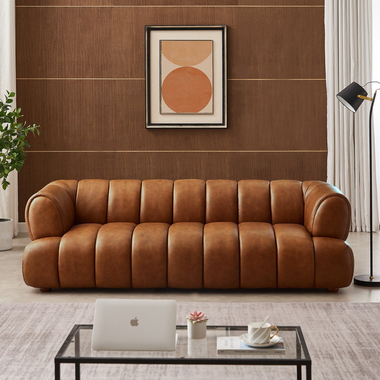 Jasmin Sofa– Cream Boucle or Tan Leather Curved Channel Tufted Sofa | Sculptural & Soft Luxury Seating for Living Rooms