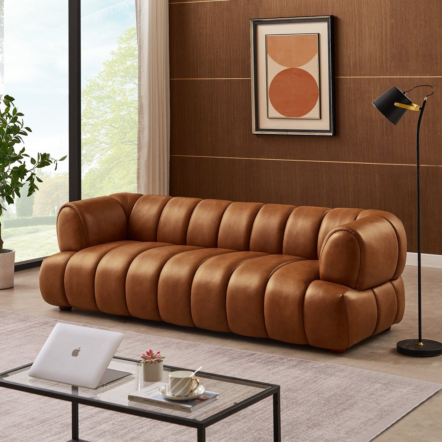 Jasmin Sofa– Cream Boucle or Tan Leather Curved Channel Tufted Sofa | Sculptural & Soft Luxury Seating for Living Rooms