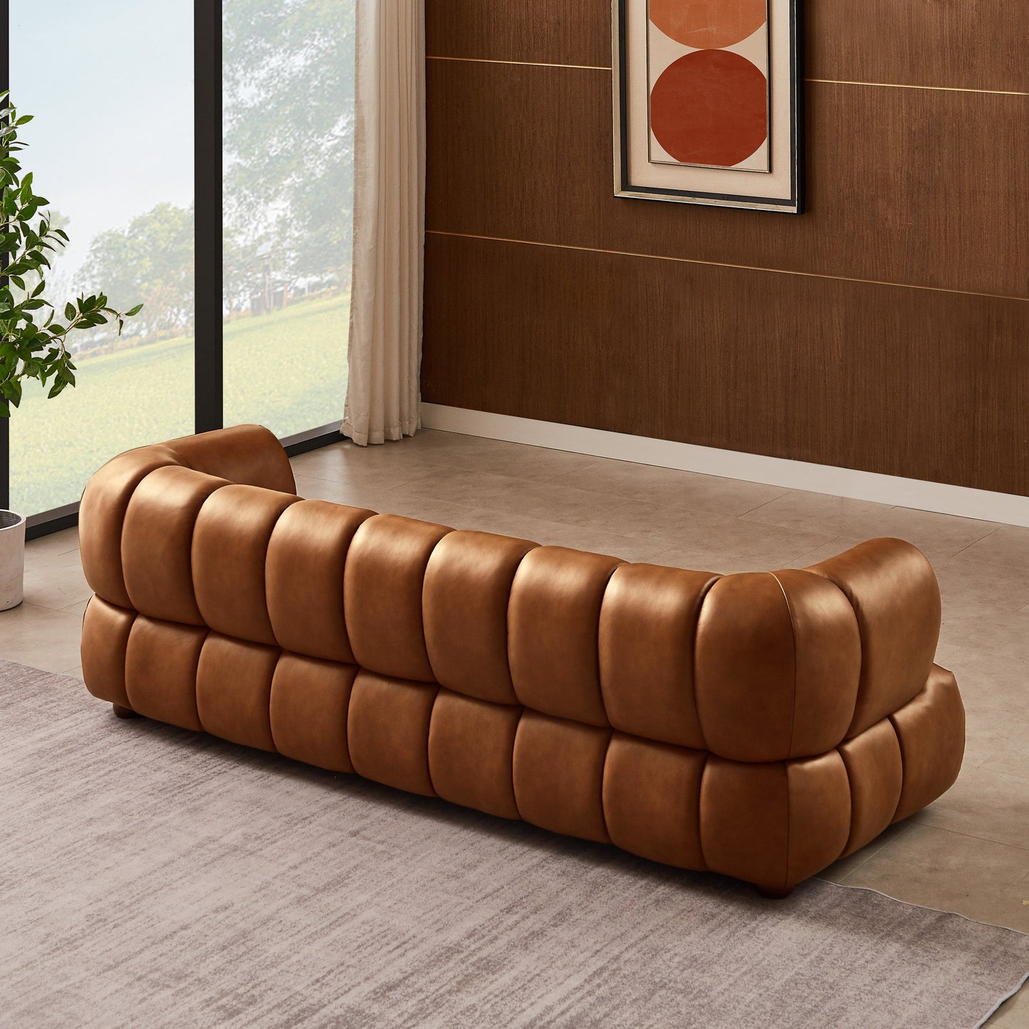 Jasmin Sofa– Cream Boucle or Tan Leather Curved Channel Tufted Sofa | Sculptural & Soft Luxury Seating for Living Rooms