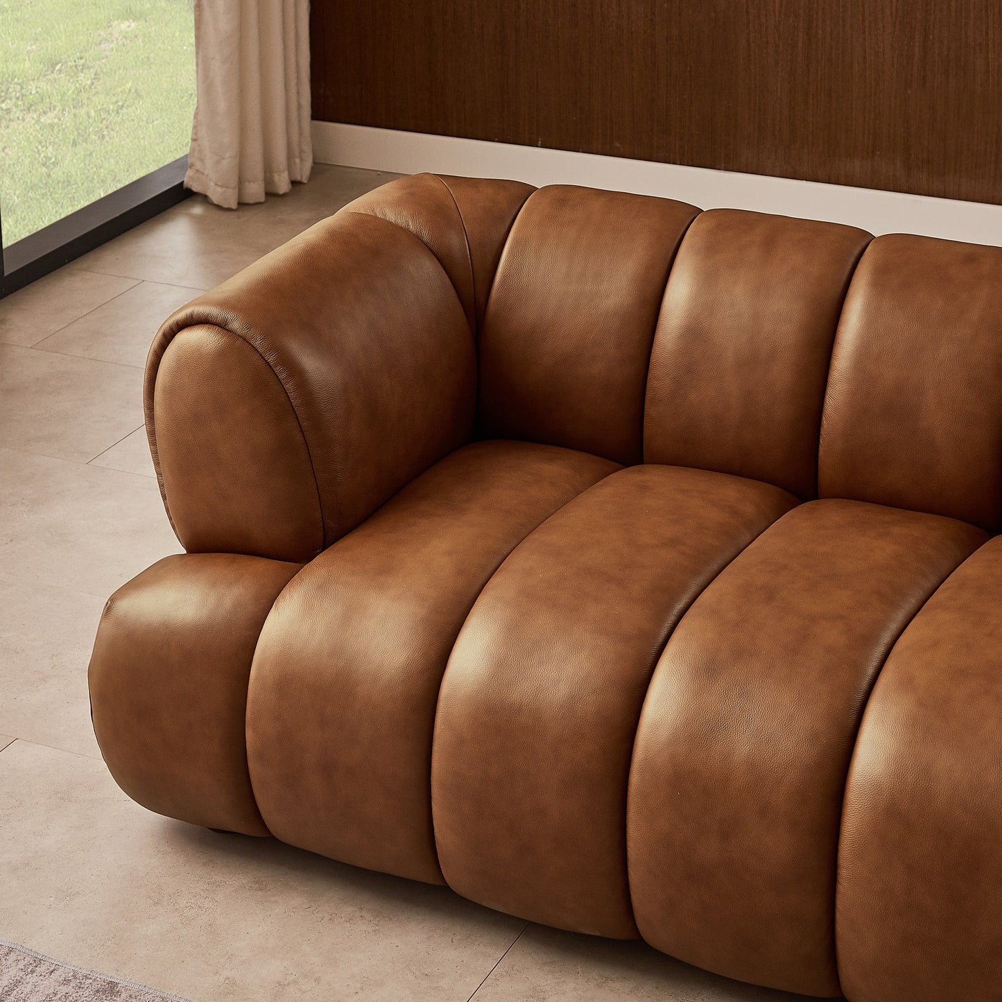 Jasmin Sofa– Cream Boucle or Tan Leather Curved Channel Tufted Sofa | Sculptural & Soft Luxury Seating for Living Rooms