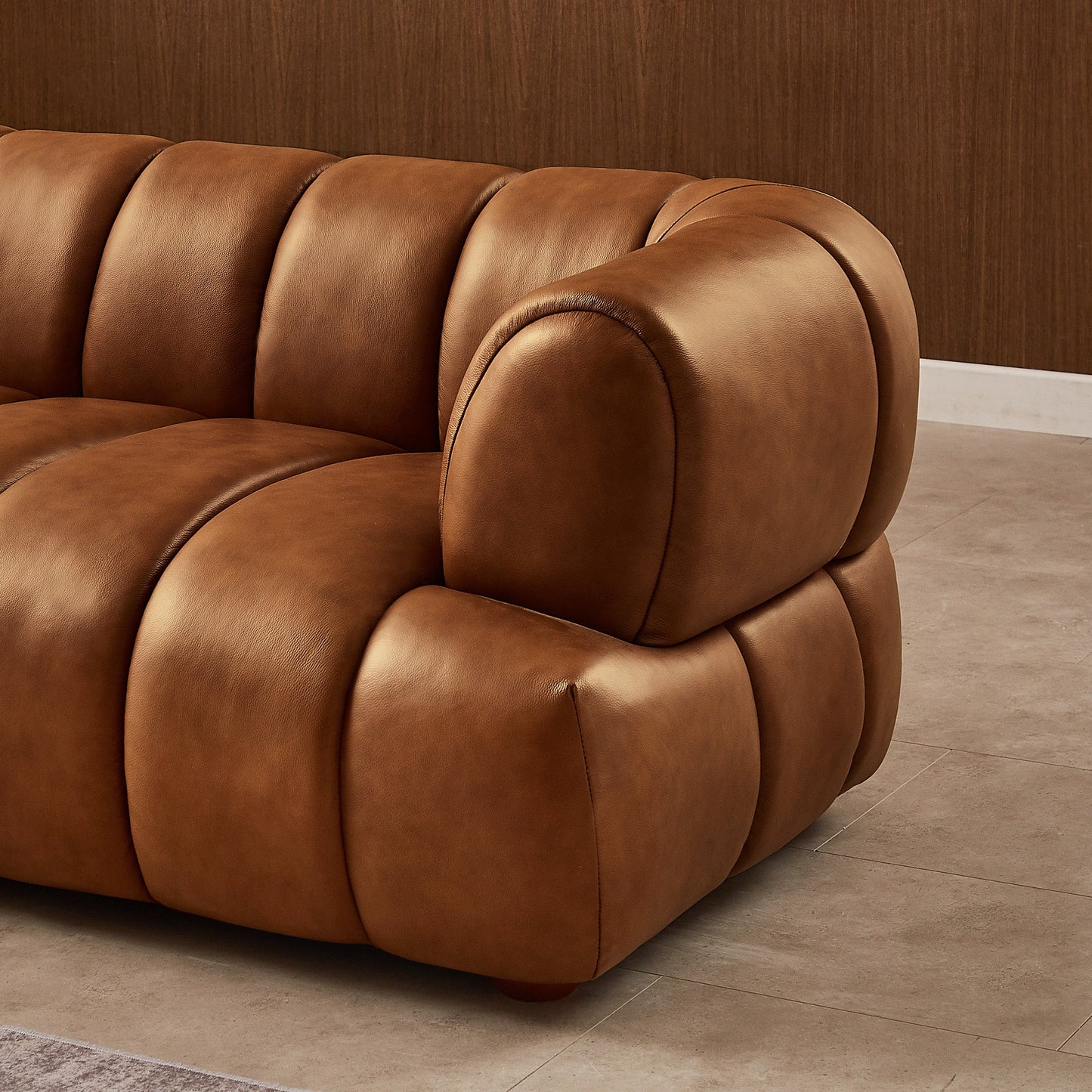 Jasmin Sofa– Cream Boucle or Tan Leather Curved Channel Tufted Sofa | Sculptural & Soft Luxury Seating for Living Rooms