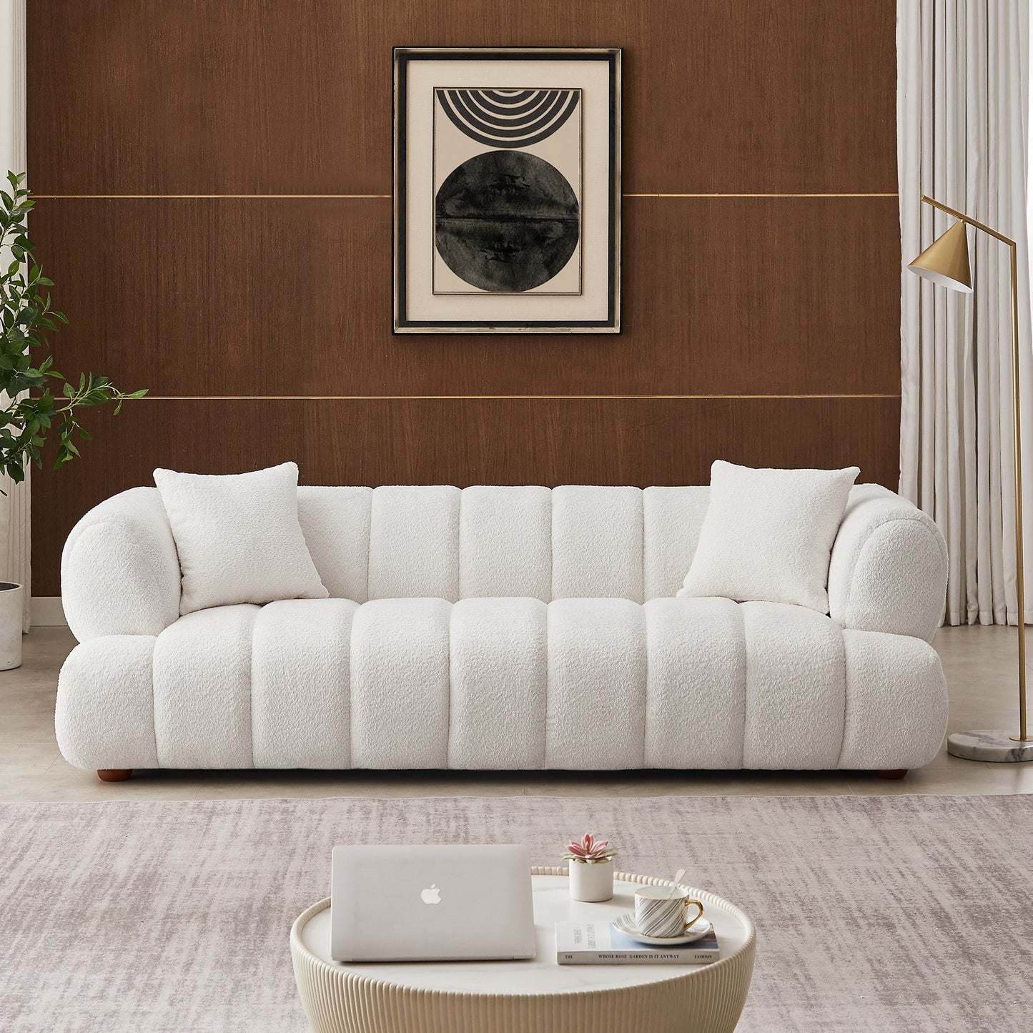 Jasmin Sofa– Cream Boucle or Tan Leather Curved Channel Tufted Sofa | Sculptural & Soft Luxury Seating for Living Rooms