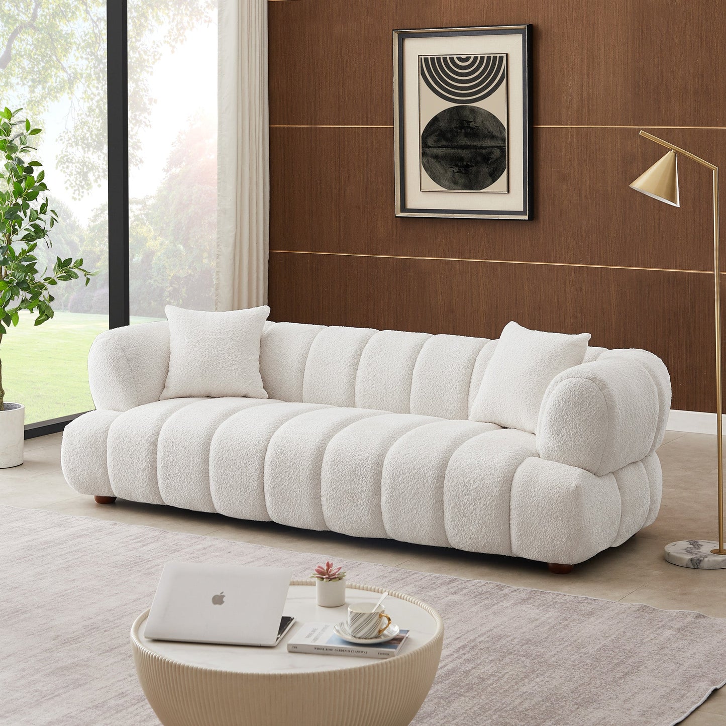Jasmin Sofa– Cream Boucle or Tan Leather Curved Channel Tufted Sofa | Sculptural & Soft Luxury Seating for Living Rooms
