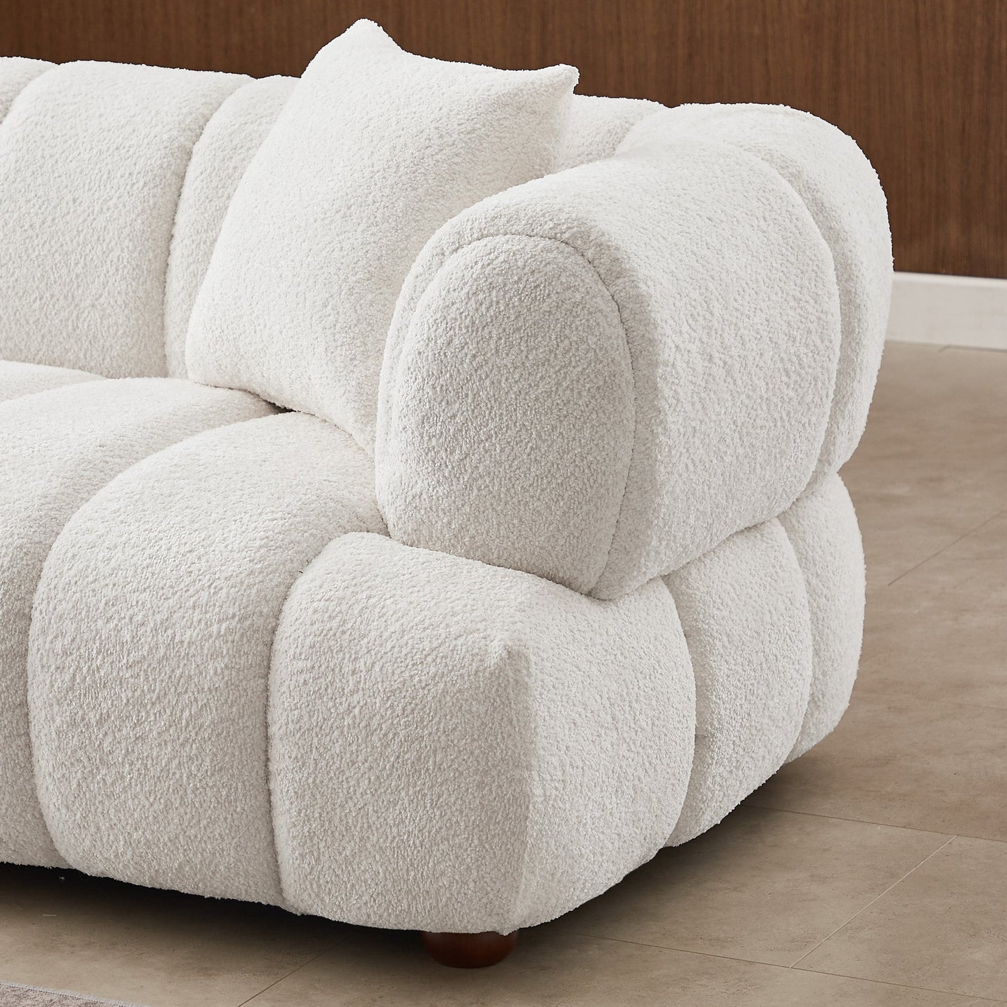 Jasmin Sofa– Cream Boucle or Tan Leather Curved Channel Tufted Sofa | Sculptural & Soft Luxury Seating for Living Rooms