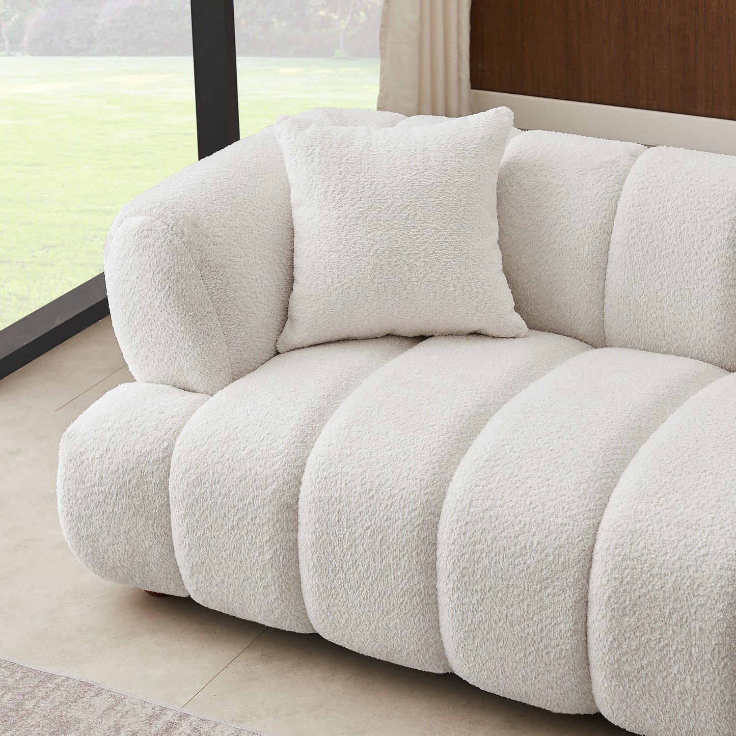 Jasmin Sofa– Cream Boucle or Tan Leather Curved Channel Tufted Sofa | Sculptural & Soft Luxury Seating for Living Rooms