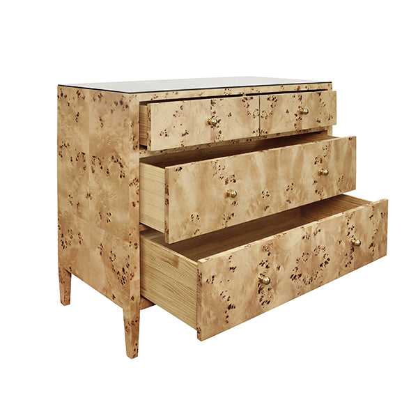 Michelle Four-Drawer Chest in Burl Wood & Glass
