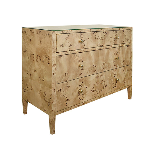 Michelle Four-Drawer Chest in Burl Wood & Glass