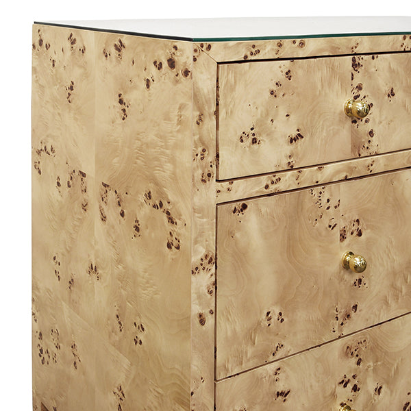 Michelle Four-Drawer Chest in Burl Wood & Glass