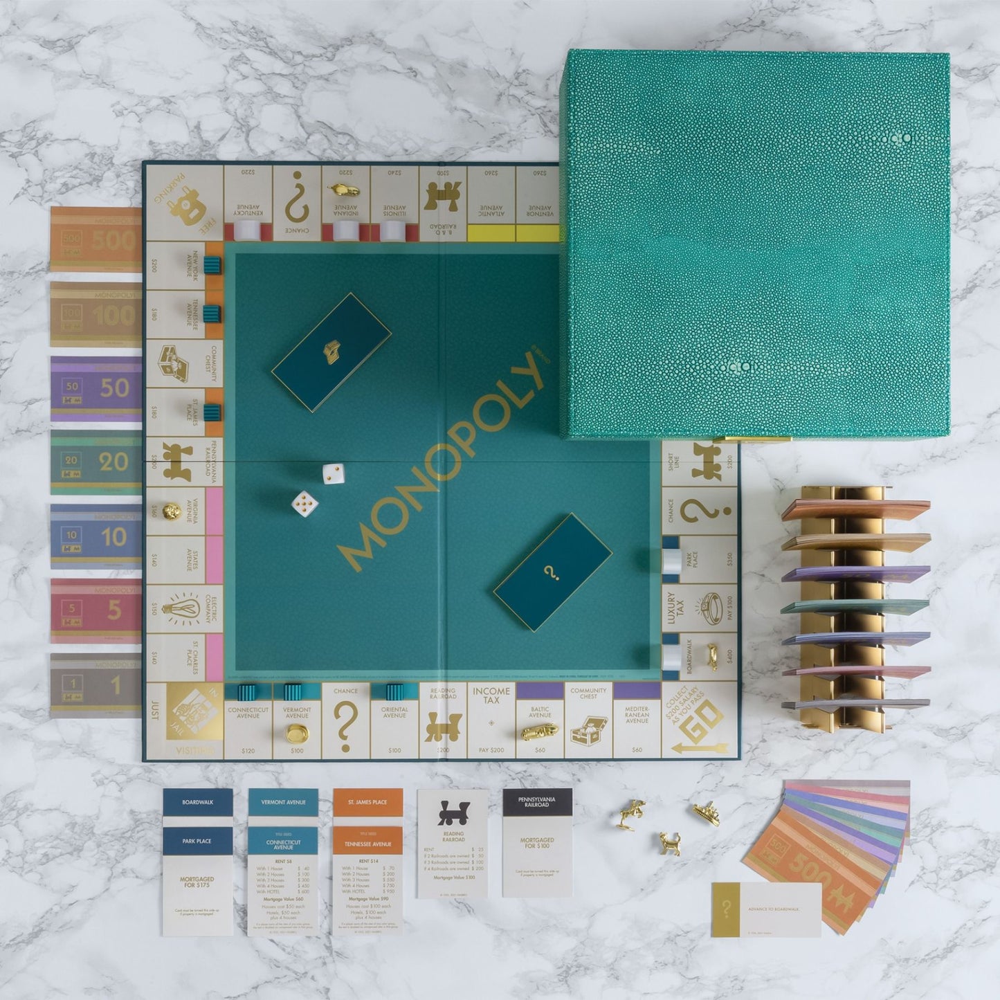 Monopoly Del Mar Collection – Shagreen Edition Board Game | Luxe Teal Shagreen & Gold Accent Decor Monopoly Set
