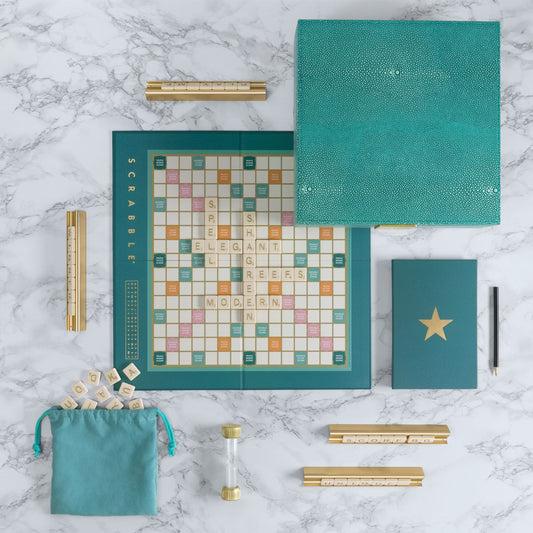 Scrabble Del Mar Collection – Shagreen Edition Board Game | Luxe Coastal-Inspired Scrabble Set, Teal & Gold