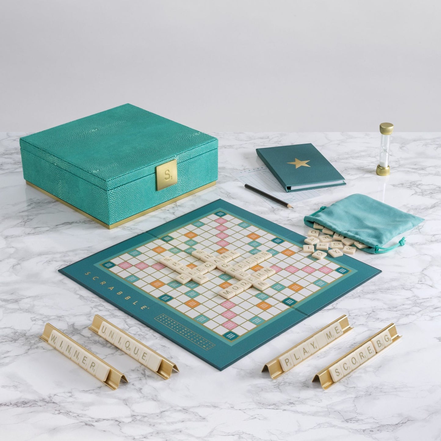 Scrabble Del Mar Collection – Shagreen Edition Board Game | Luxe Coastal-Inspired Scrabble Set, Teal & Gold
