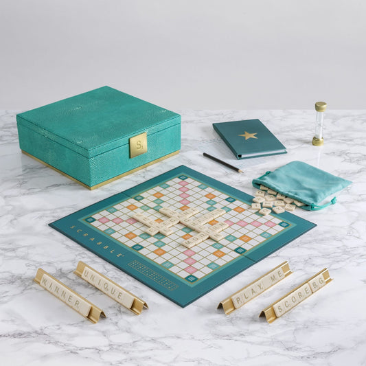 Scrabble Del Mar Collection – Shagreen Edition Board Game | Luxe Coastal-Inspired Scrabble Set, Teal & Gold