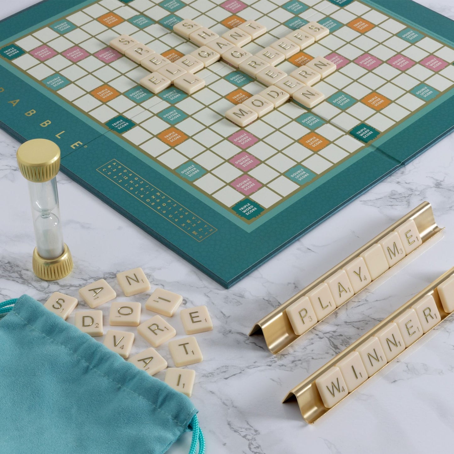 Scrabble Del Mar Collection – Shagreen Edition Board Game | Luxe Coastal-Inspired Scrabble Set, Teal & Gold