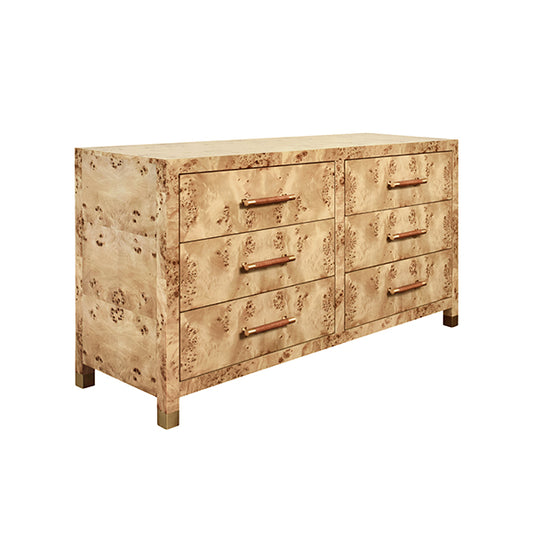 Winchester Six-Drawer Chest in Burl Wood & Rattan