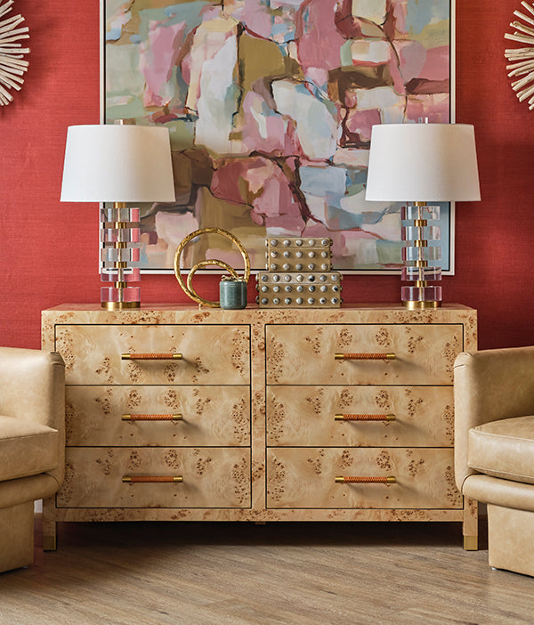 Winchester Six-Drawer Chest in Burl Wood & Rattan