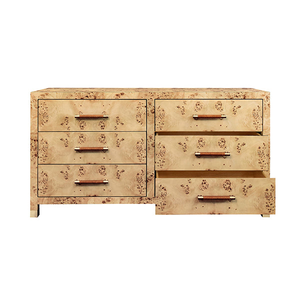 Winchester Six-Drawer Chest in Burl Wood & Rattan