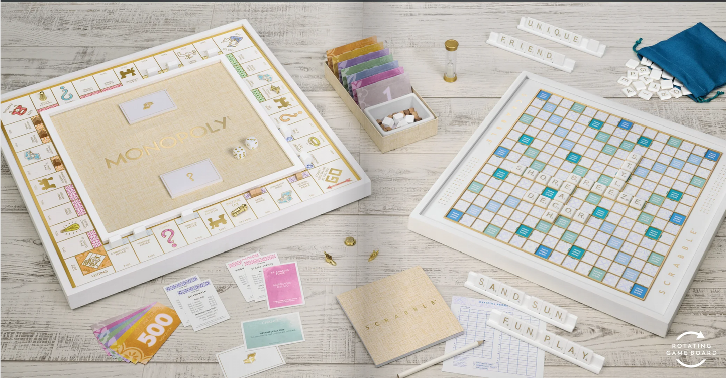 Scrabble Bianco Luxe Game Set | White & Gold Modern Display Scrabble