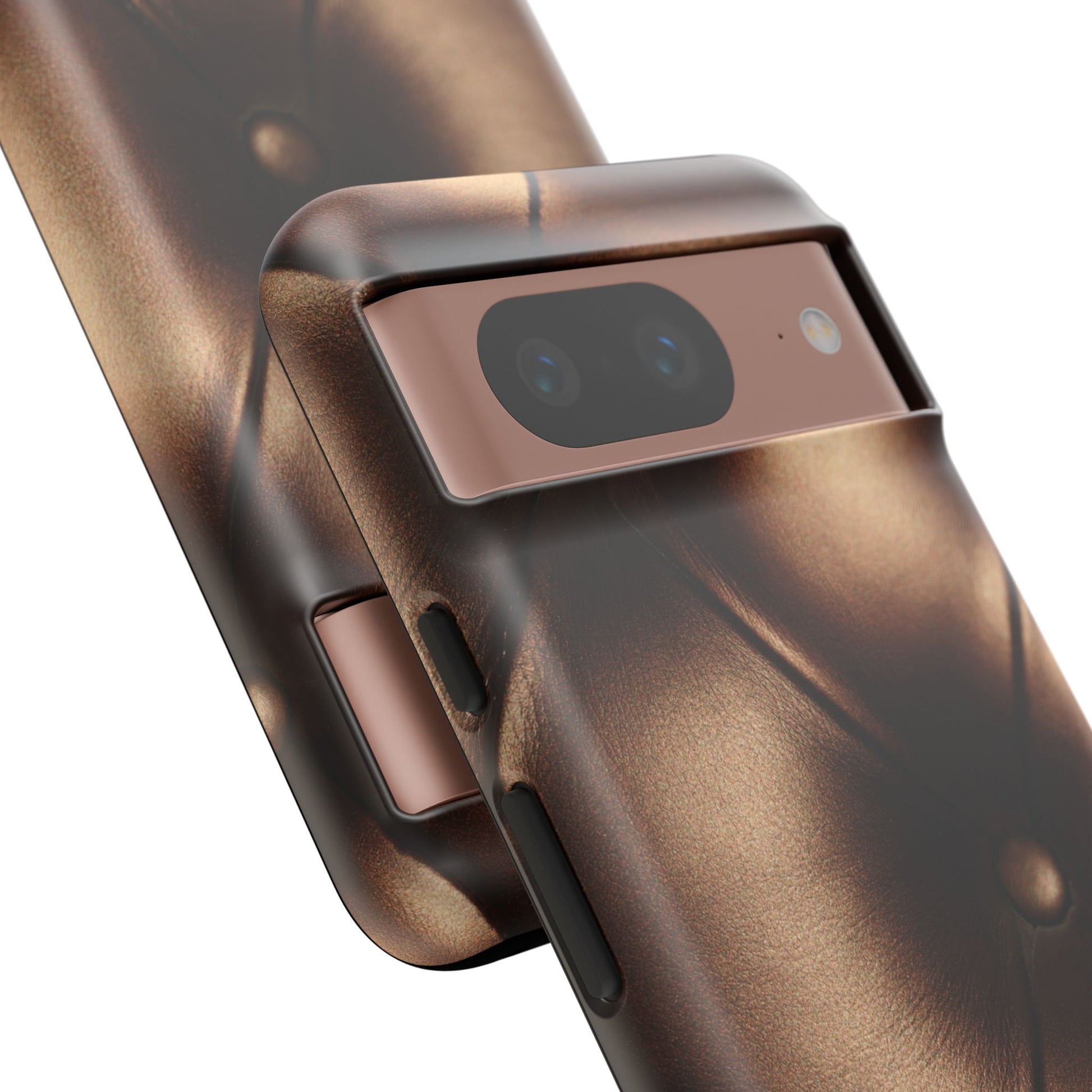 Close-up of a smartphone with a bronze or gold finish on a white background