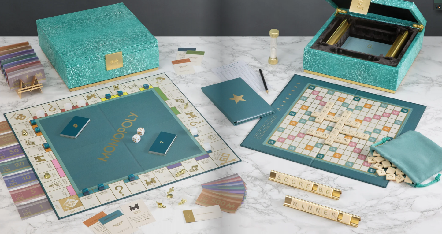 Full Del Mar Collection – Shagreen Edition Game Set | Luxe Teal Monopoly & Scrabble Board Games, Gold Accents