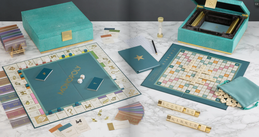 Full Del Mar Collection – Shagreen Edition Game Set | Luxe Teal Monopoly & Scrabble Board Games, Gold Accents