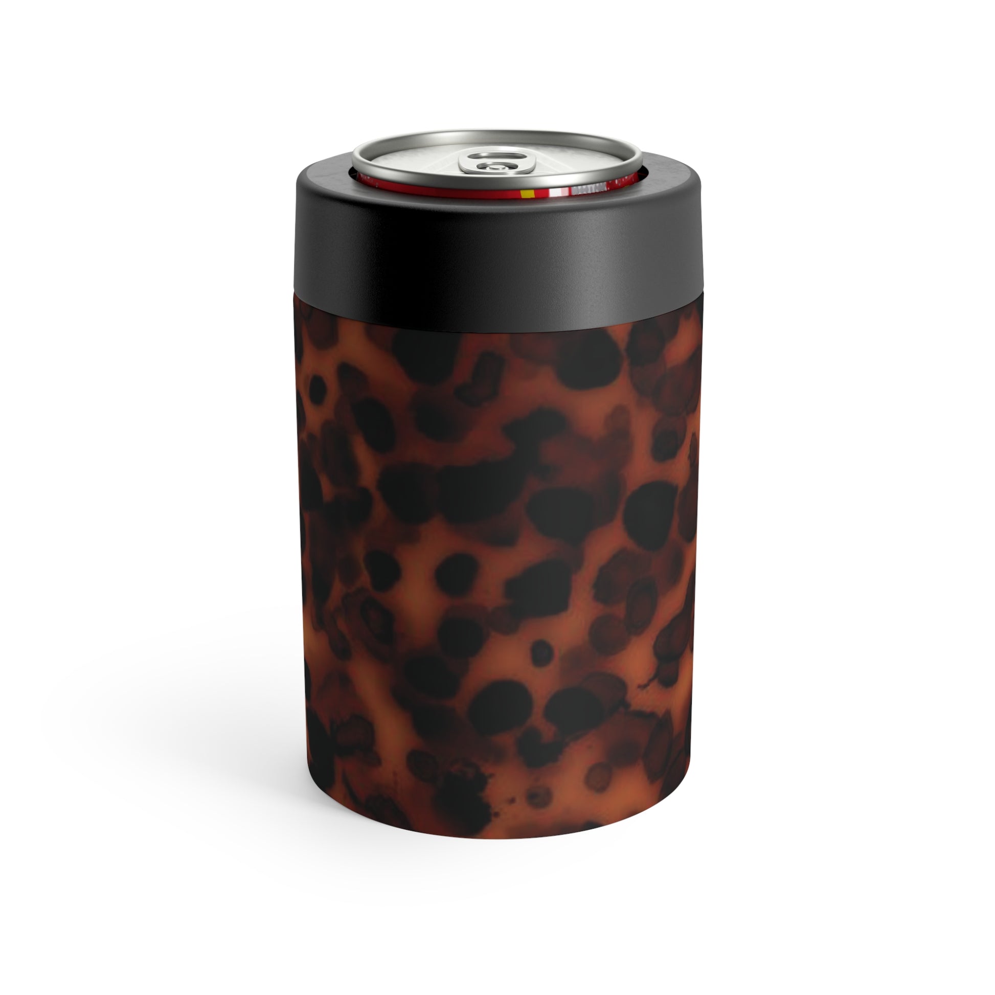 Tortoiseshell patterned can cooler with a can inside on a white background