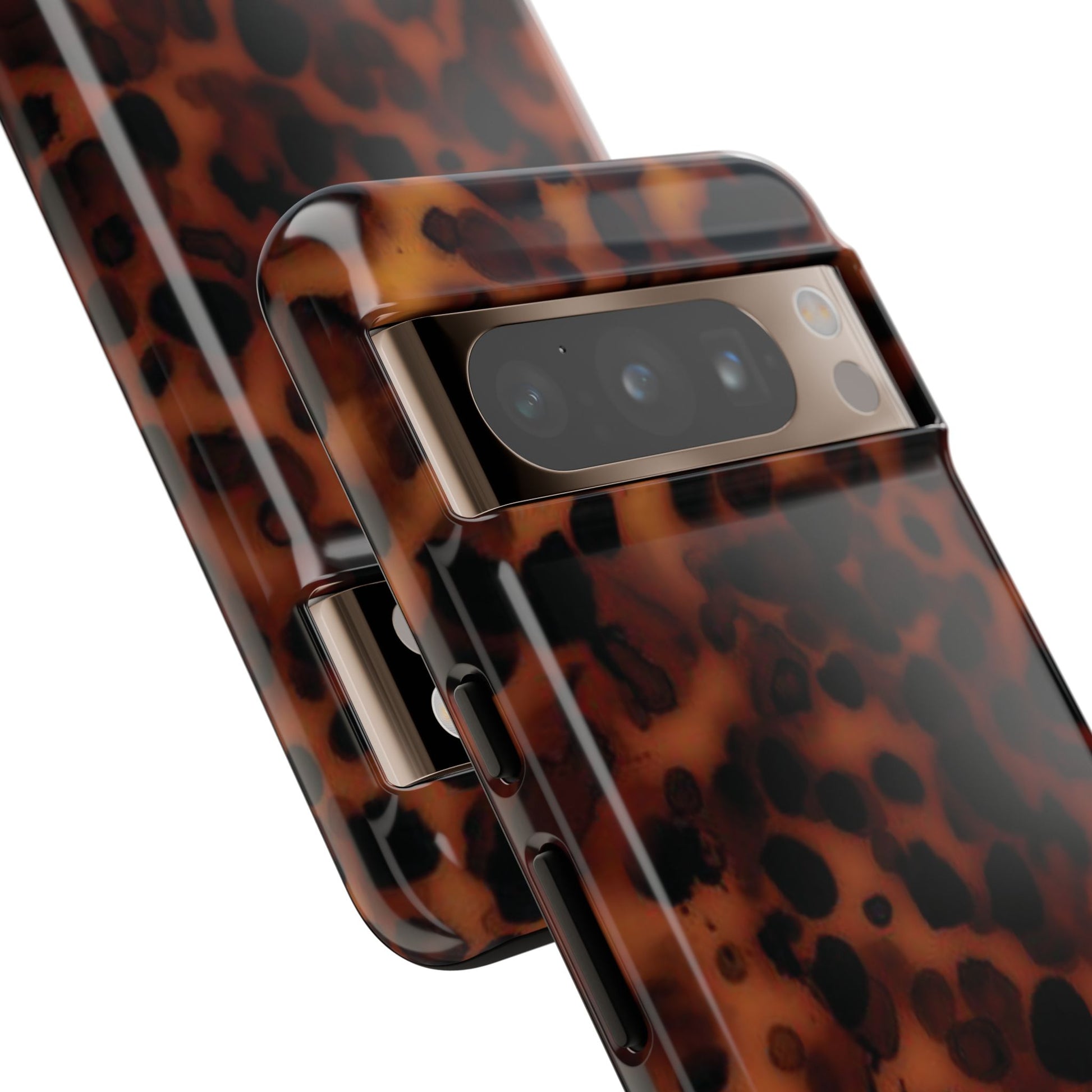 Smartphone with tortoiseshell case on a white background