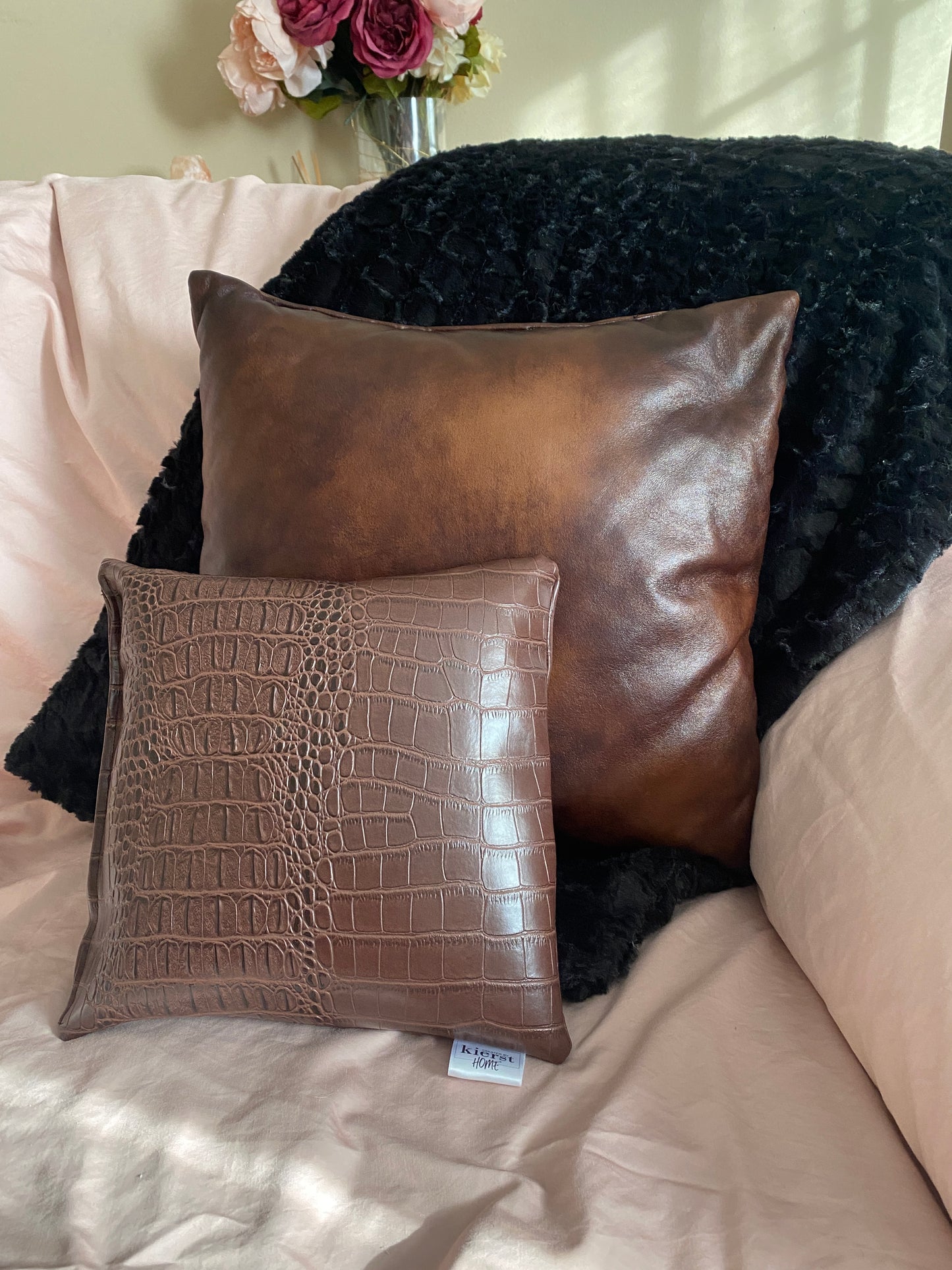 Marbled Brown Faux Leather Pillow - createdbykierst