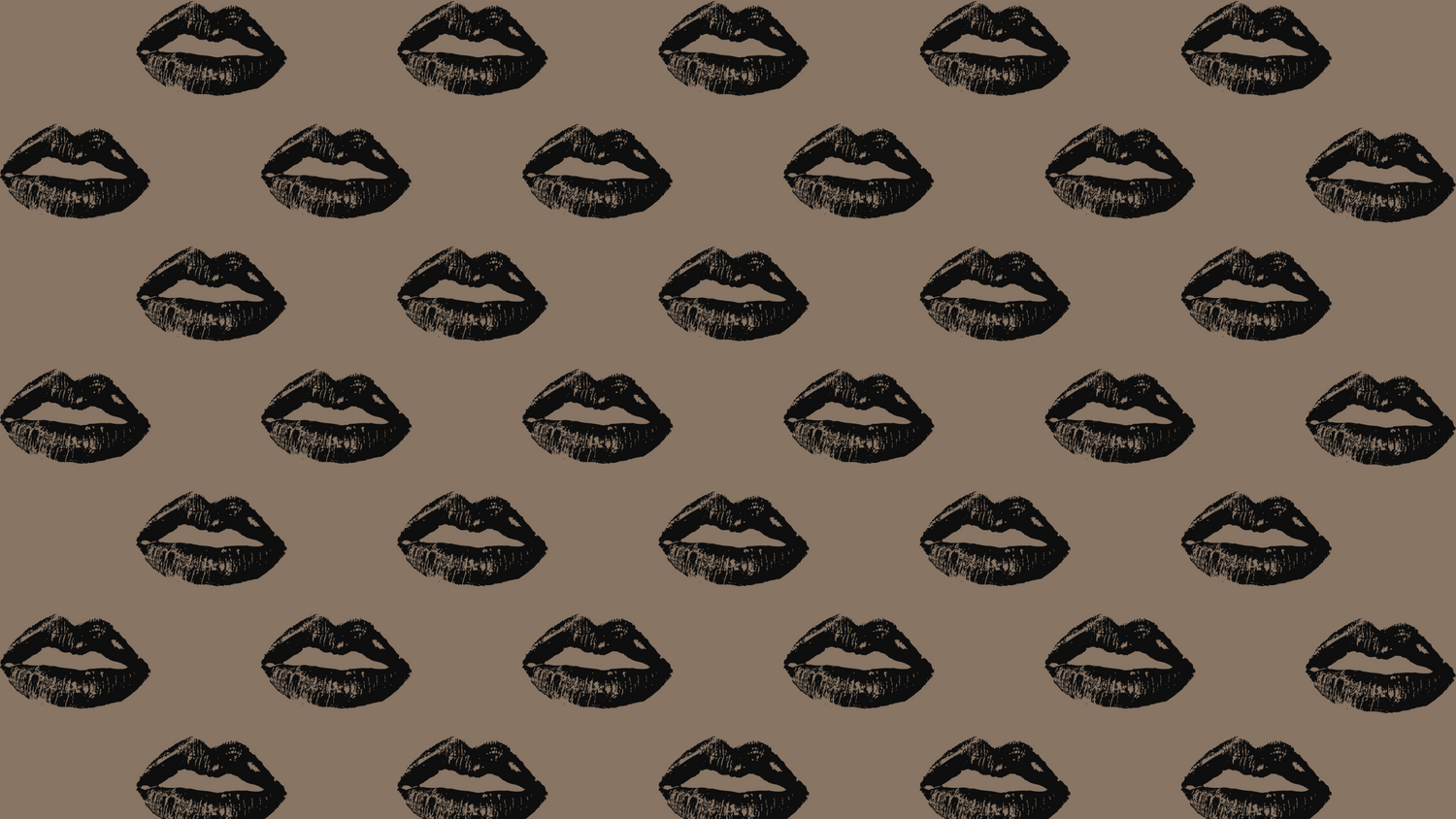 A rich mocha brown colored background with icons of black kiss lip prints in a diagonal design