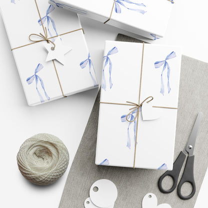 Delicate Blue Bow Gift Wrapping Paper – Hand-Painted Style Ribbon Pattern on White