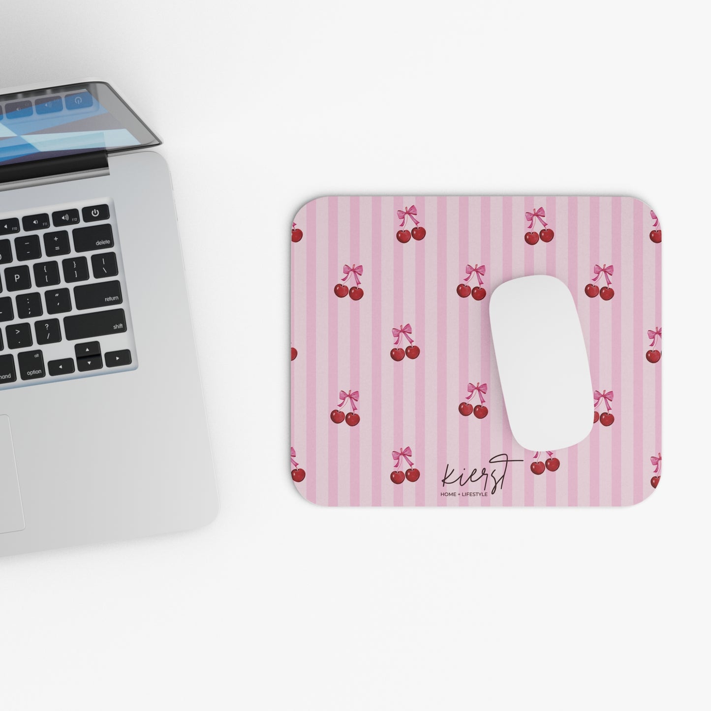 Cherries on Pink Stripes Mouse Pad