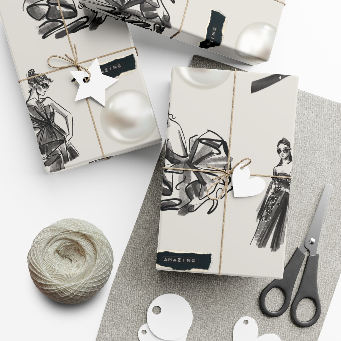 B&W Fashion Illustration Gift Wrapping Paper | Elegant Sketches on Bone White