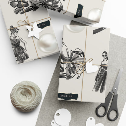 B&W Fashion Illustration Gift Wrapping Paper | Elegant Sketches on Bone White
