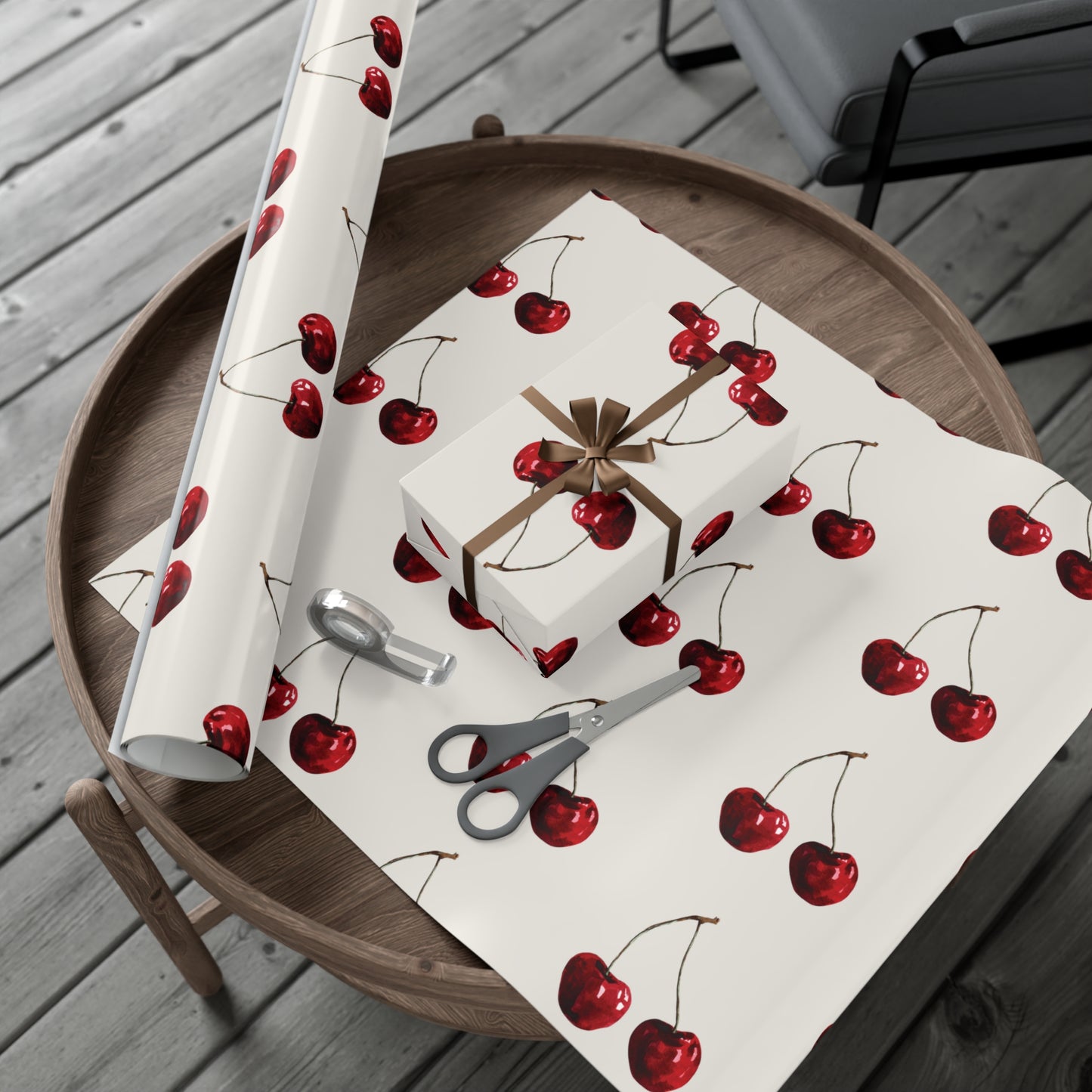 Moody Cherry Stem Gift Wrapping Paper – Glossy Red Fruit on Bone Color