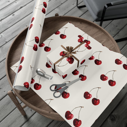 Moody Cherry Stem Gift Wrapping Paper – Glossy Red Fruit on Bone Color