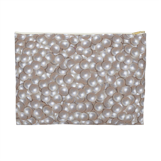 Lustrous Pearl Accessory Pouch – Soft Sheen Taupe Bag with Glam-Inspired Detail