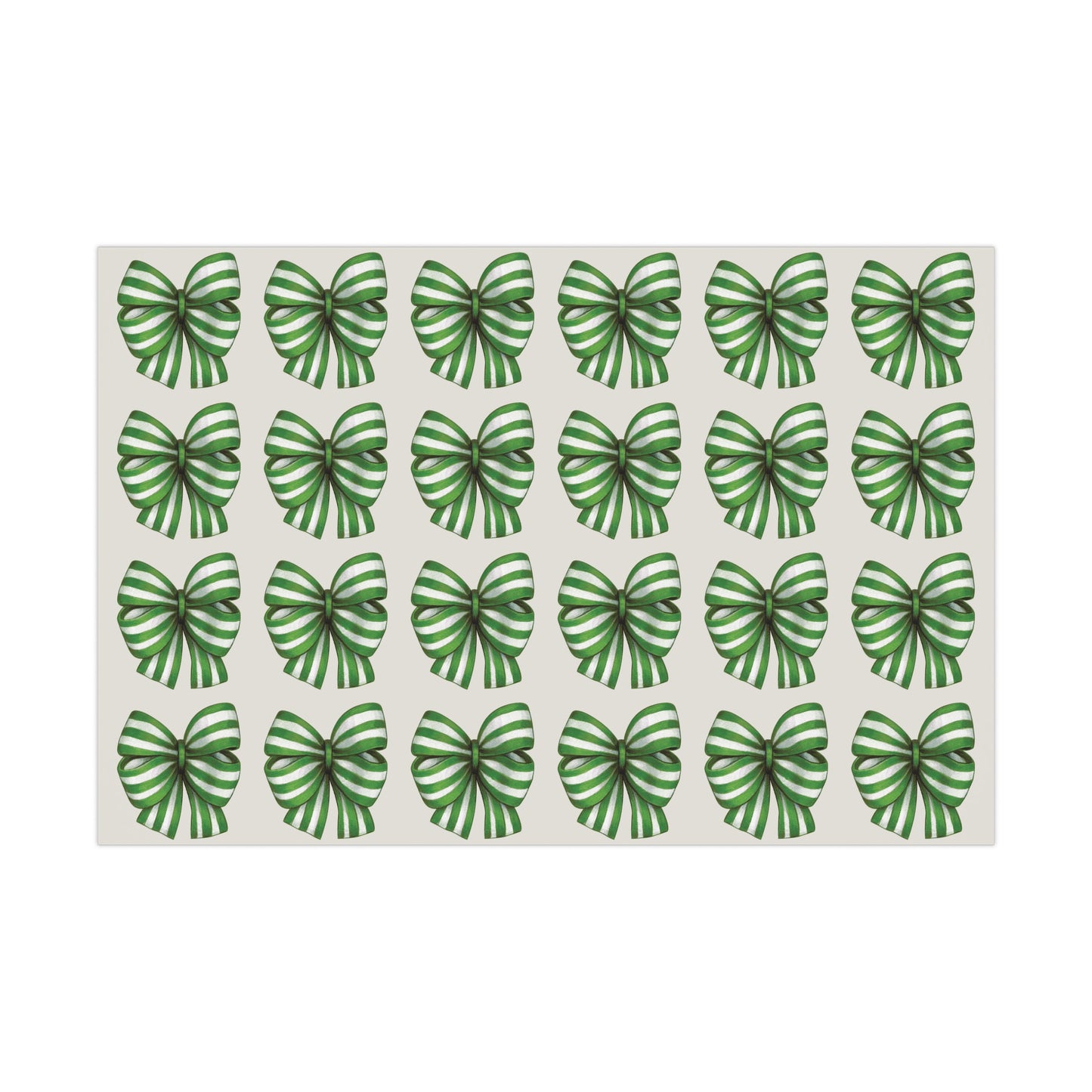 Green and White Stripe Printed Bows on Bone Gift Wrapping Paper