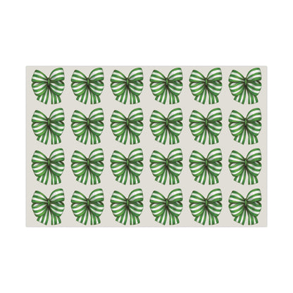 Green and White Stripe Printed Bows on Bone Gift Wrapping Paper