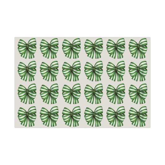 Green and White Stripe Printed Bows on Bone Gift Wrapping Paper