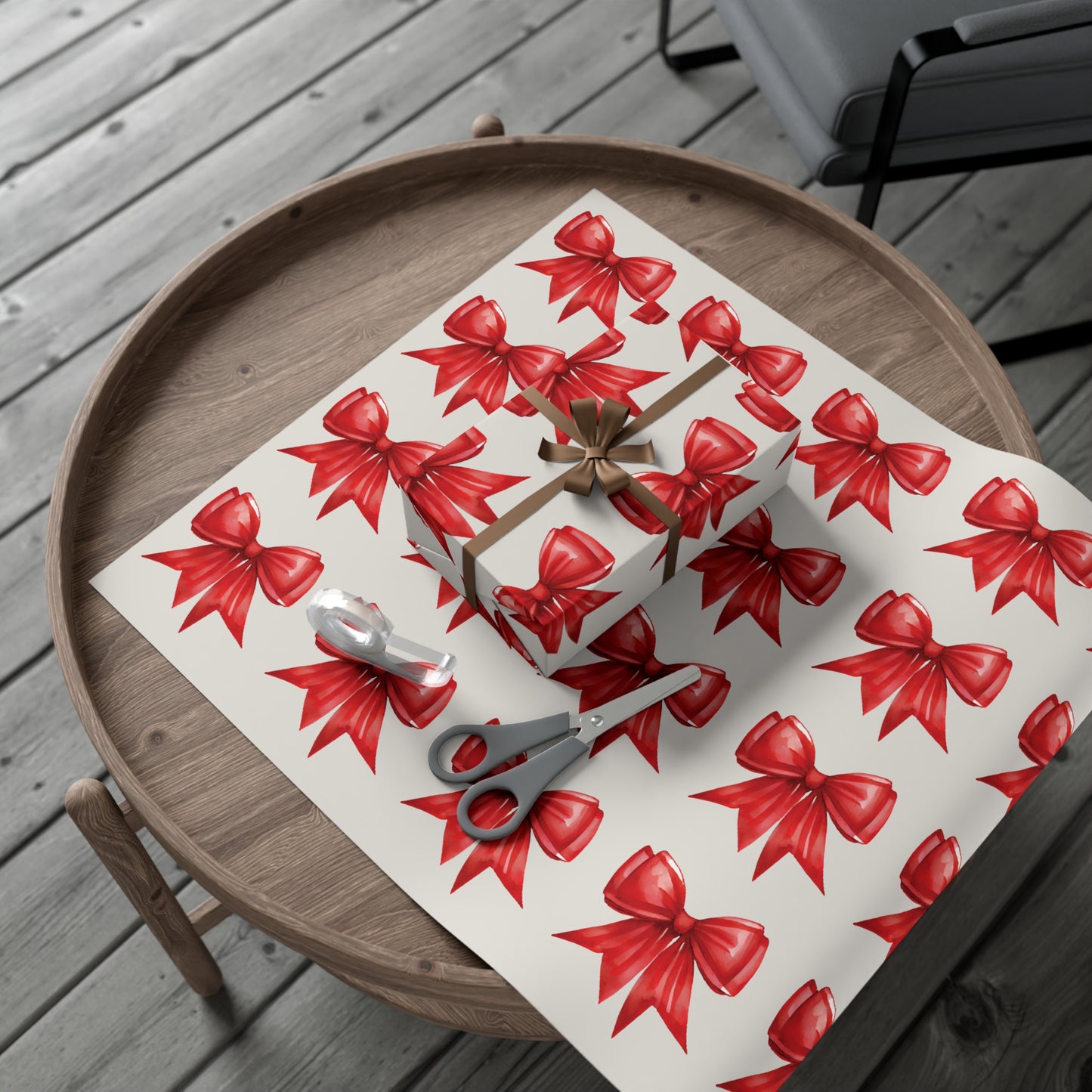 Printed Red Bows on Bone Gift Wrapping Paper